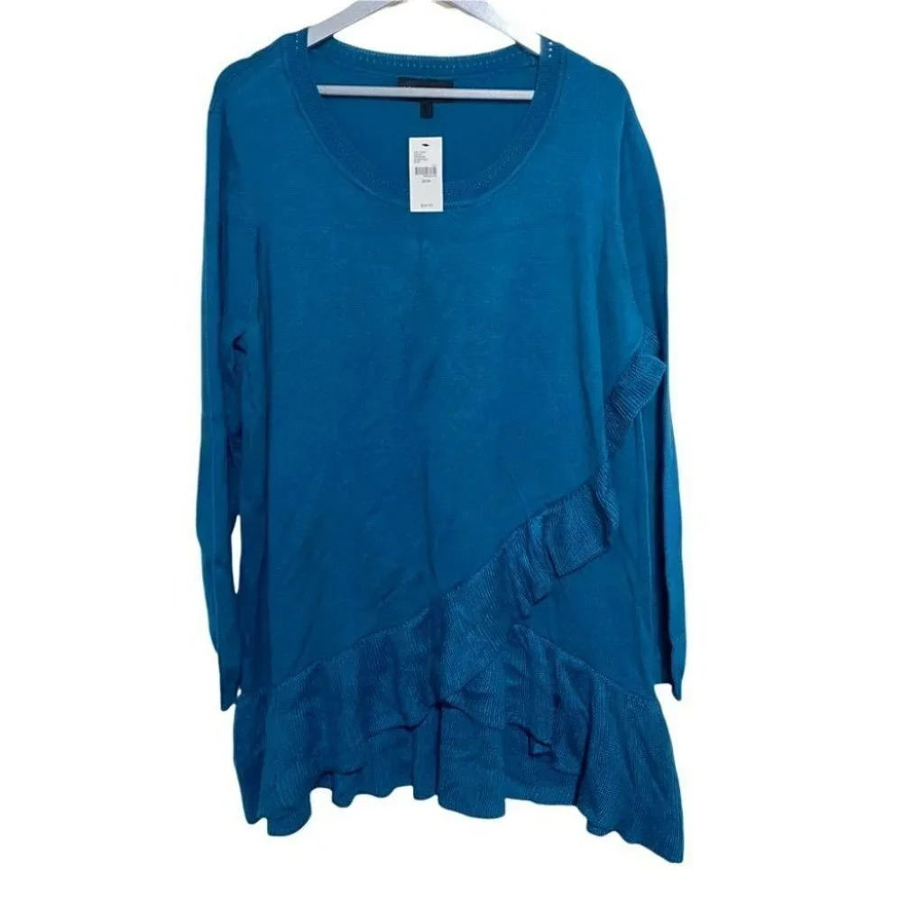 Lane Bryant Tunic Sweater 22/24 Teal Blue Ruffle Asymmetrical Hem Scoop Neck NEW
